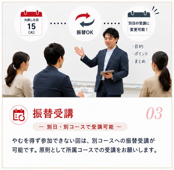 03 振替受講(別日・別コースで受講可能) — やむを得ず参加できない回は、別コースへの振替受講が可能です。原則として所属コースでの受講をお願いします