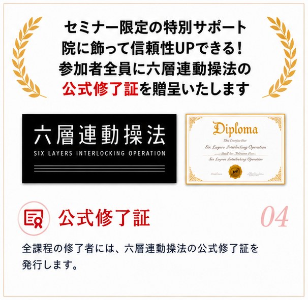 04 公式修了証 — 全課程の修了者には、六層連動操法の公式修了証を発行します