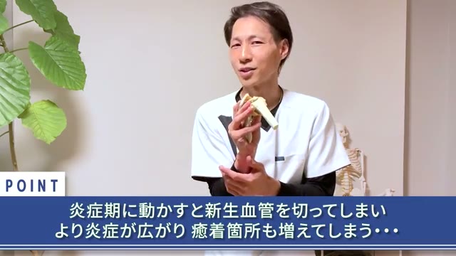 炎症期に動かすと、かえって炎症が広がり癒着が増えます（動画より）