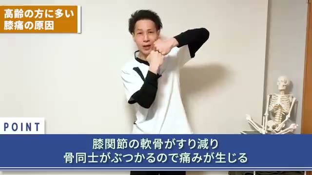 軟骨がすり減り、骨同士がぶつかって痛みが出ます（動画より）