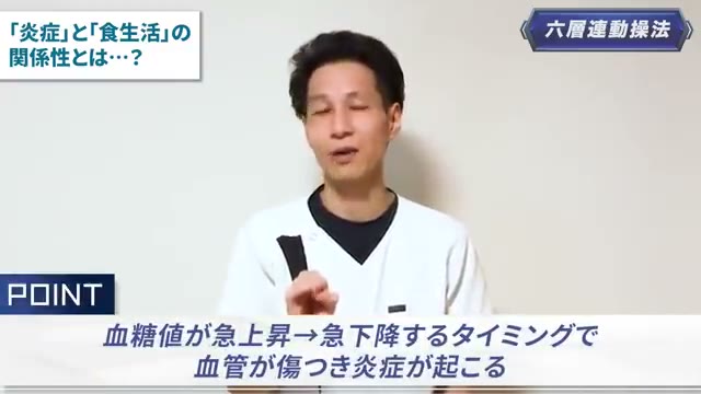 血糖値の急上昇→急下降で血管が傷つき、炎症が起こります（動画より）