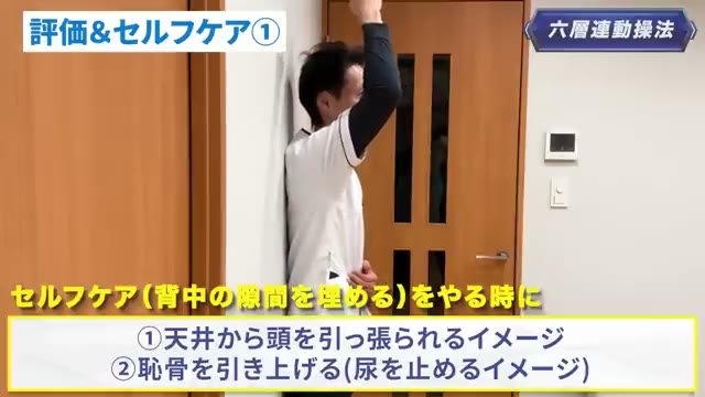 ①頭を天井へ ②恥骨を引き上げる(尿を止めるイメージ)(動画より)